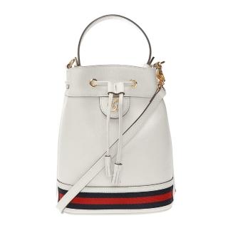 【GUCCI 古馳】719884/610846 經典Ophidia系列綠紅綠織帶皮革束口手提/斜背水桶兩用包(白色)