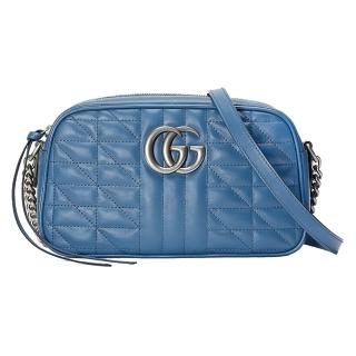 【GUCCI 古馳】447632 新款GG Marmont絎縫系列復古銀釦拉鍊肩背/斜揹包(藍色)