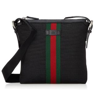 【GUCCI 古馳】631199 經典綠紅綠織帶拼接帆布斜揹包(黑色)