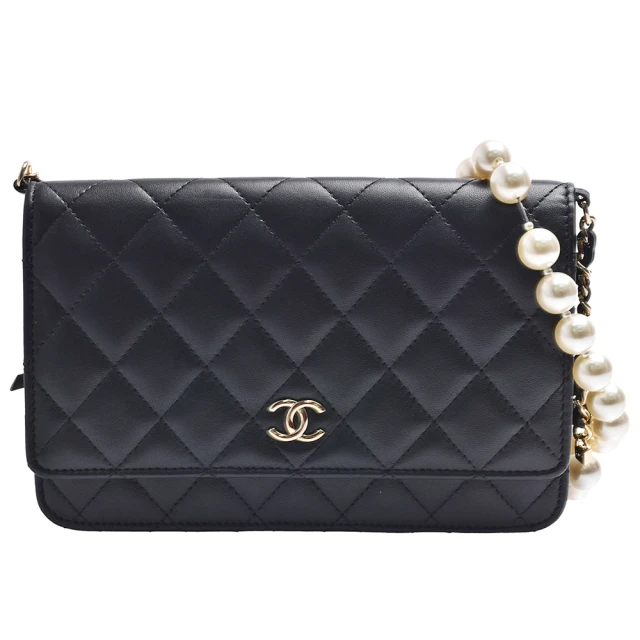 CHANEL 香奈兒 經典雙C LOGO菱格紋小羊皮珍珠鍊帶WOC斜背包(黑色AP2579L-BLK-GP)