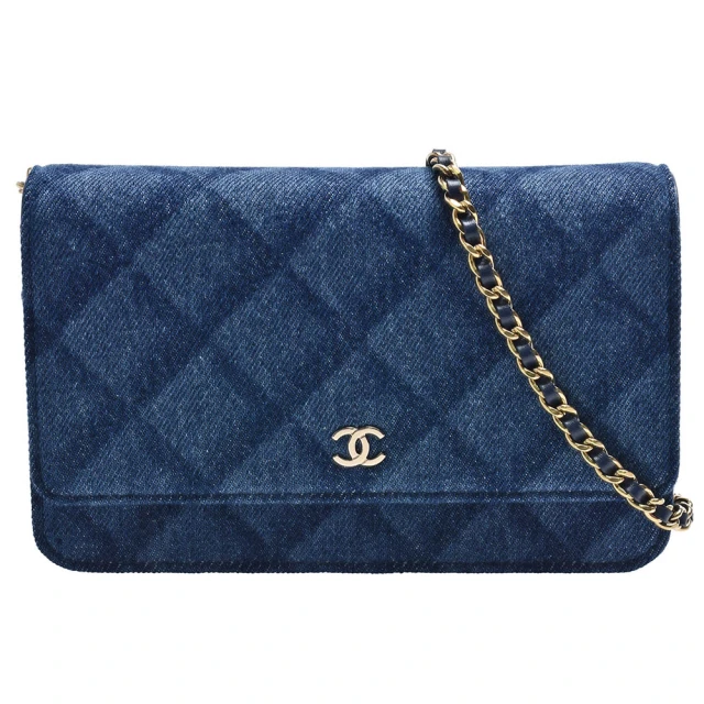 CHANEL 香奈兒 經典雙C LOGO菱格紋牛仔布金鍊WOC斜背包(藍色AP0250-DENIM-GP)