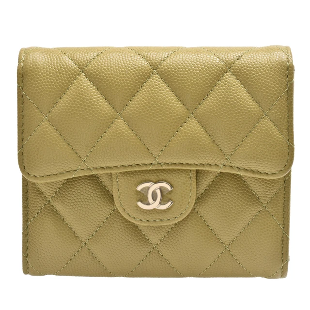 CHANEL 香奈兒 經典金色雙C LOGO菱格粒紋牛皮釦式短夾(芥末黃色AP0231C-MUSTARD-GP)