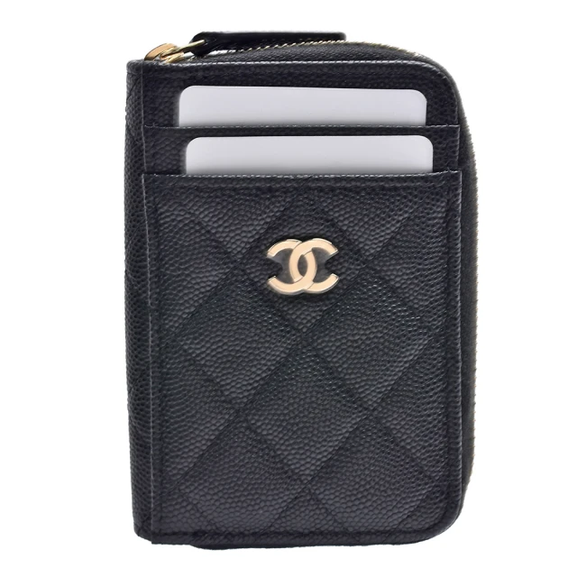 CHANEL 香奈兒 經典菱格粒紋小牛皮雙C LOGO拉鍊卡夾/零錢包(黑色AP1650C-BLK-GP)