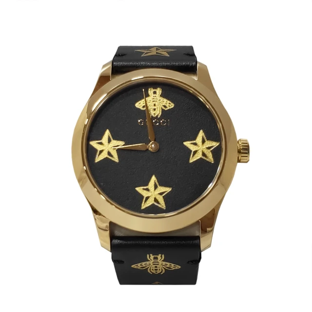 GUCCI 古馳GUCCI 古馳 508605 經典G-Timeless蜜蜂星星造型牛皮錶帶石英手錶(黑色-38mm)