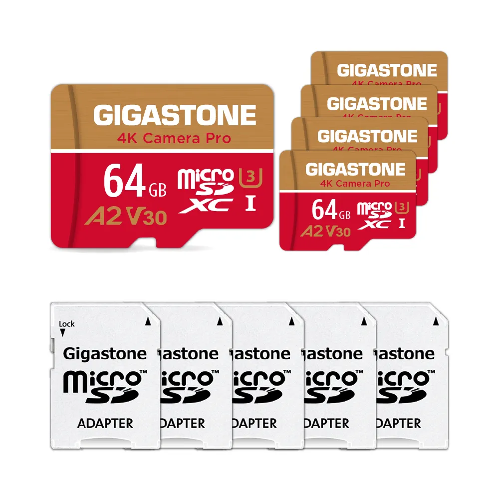 【GIGASTONE 立達】4K Camera Pro microSDXC UHS-Ⅰ U3 A2V30 64GB攝影高速記憶卡-5入組(支援GoPro)