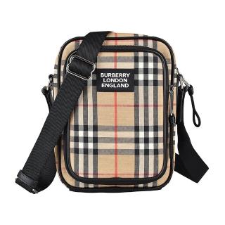 【BURBERRY 巴寶莉】BURBERRY Vintage格紋LOGO寬背帶設計帆布滾邊牛皮拉鍊斜揹包(典藏米)