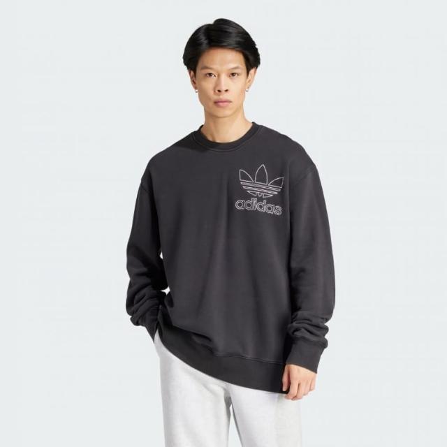 【adidas 愛迪達】上衣 男款 長袖上衣 大學T 運動 三葉草 國際碼 OUTL TREF CREW 黑 IU2350