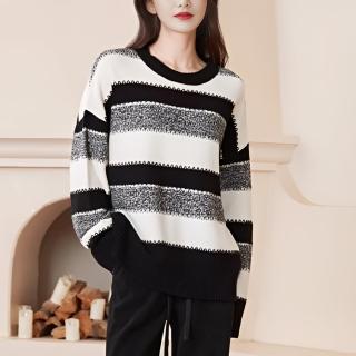 【LANNI 藍尼】現貨 寬鬆條紋拚色毛上衣※(休閒/女裝/長袖/售完不補)
