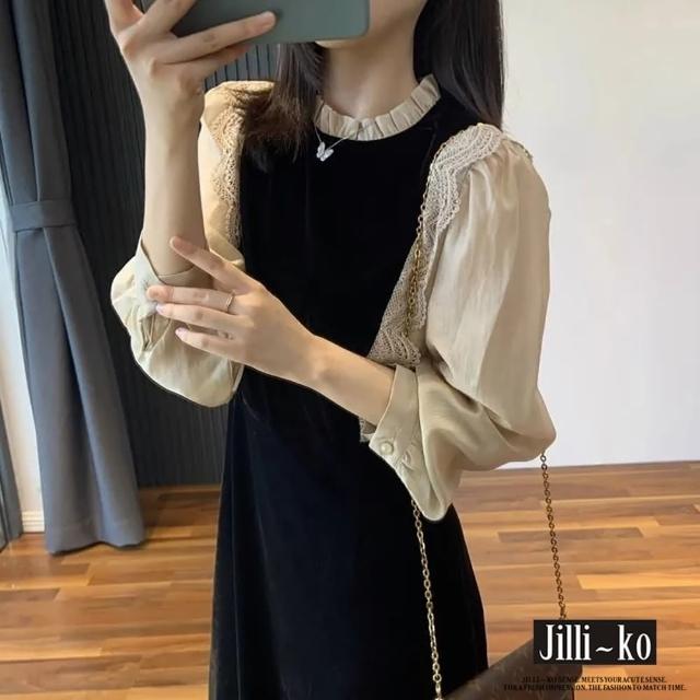 【JILLI-KO】法式復古女蕾絲拼接絲絨連衣裙-F(黑)