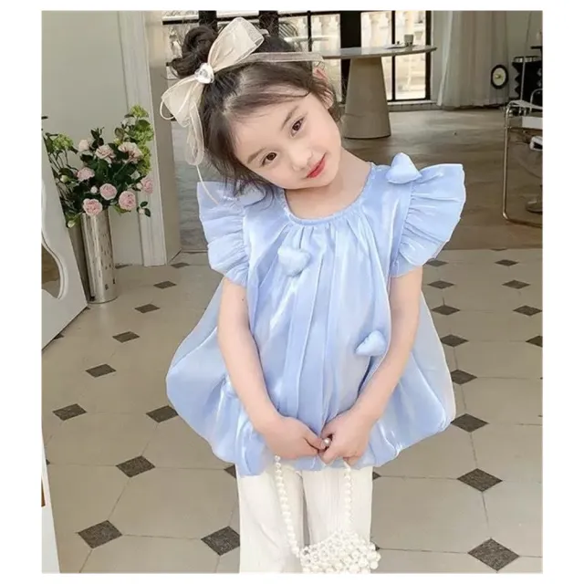 【安朵童舖】現貨韓版女童夏季絲光棉立體愛心上衣加修身微喇叭褲兒童兩件式套裝短袖上衣長褲童裝(030)