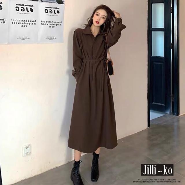 【JILLI-KO】法式氣質中長款收腰連衣裙-F(黑/咖)