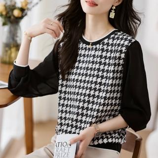 【LANNI 藍尼】★七分袖寬鬆拼接圓領上衣(格紋/長袖/女裝)