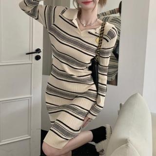 【Amirr 艾米爾】★溫柔修身黑白撞色條紋針織連身裙(女上衣/長袖/連衣裙)