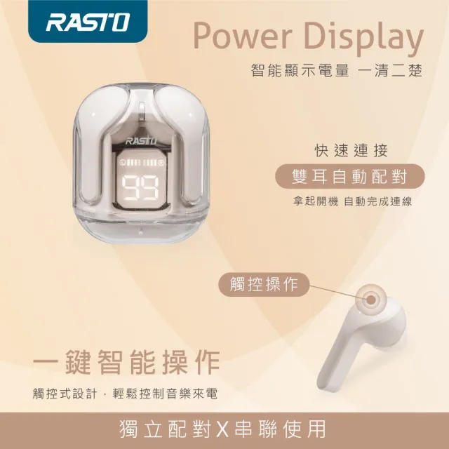 【RASTO】RS62 日系設計電量顯示真無線5.3藍芽耳機