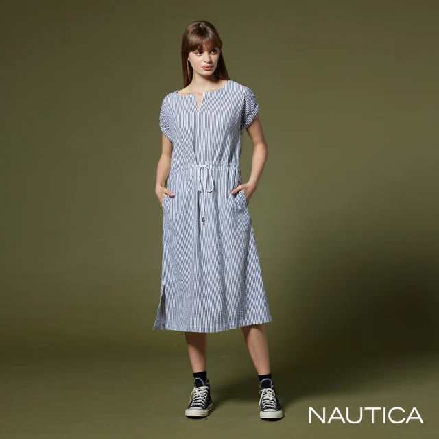 NAUTICA 女裝 簡約條紋短袖洋裝(黑)