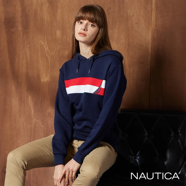 NAUTICA 女裝 跳色條紋長袖帽T(藍)