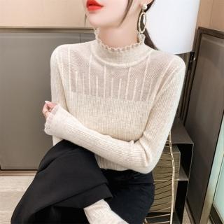 【Paiya 派亞】半高領蕾絲花邊打底衫秋冬新款鏤空針織衫內搭毛衣洋氣上衣(均碼)
