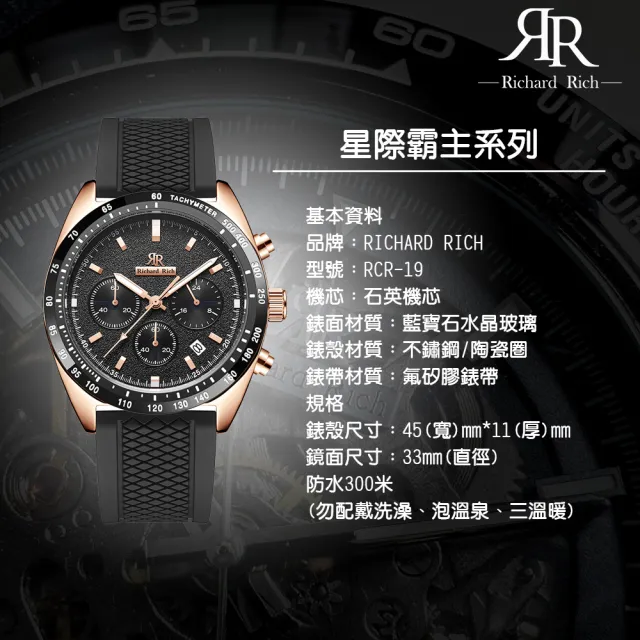 【RICHARD RICH】【WangT】 RR 星際霸主系列 玫金殼黑面計時三眼陶瓷圈隕石面矽膠腕錶