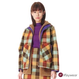 【KeyWear 奇威名品】雙面穿撞色拼接格紋保暖外套(綜合色)