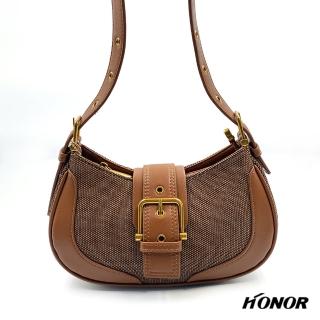 【HONOR 山形屋】皮帶式釦環拼接月亮包-卡其/黑