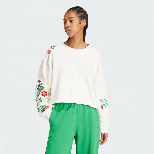 【adidas 愛迪達】上衣 女款 長袖上衣 運動 三葉草 亞規 FLORAL SWEAT 白 IS2425