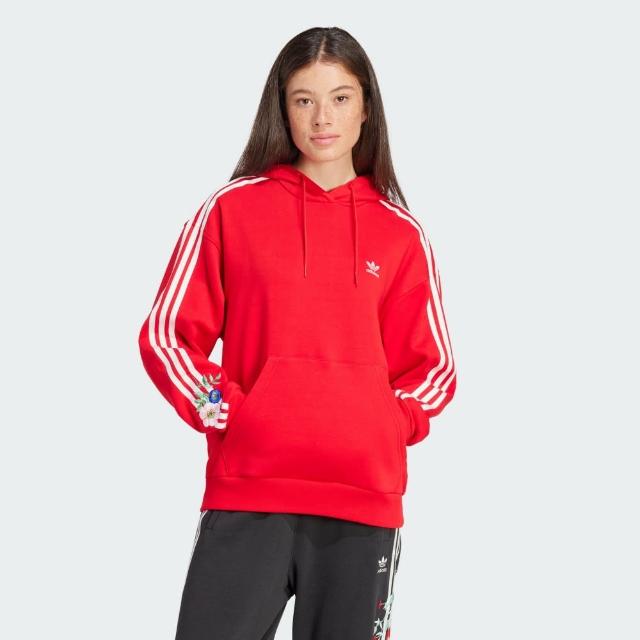 【adidas 愛迪達】上衣 女款 長袖上衣 帽T 運動 三葉草 亞規 FLORAL HOODIE 紅 IS2428