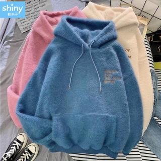 【Shiny 藍格子】刺繡字母羊羔毛絨連帽長袖上衣 V3491 現+預(女裝 T恤 刷毛)