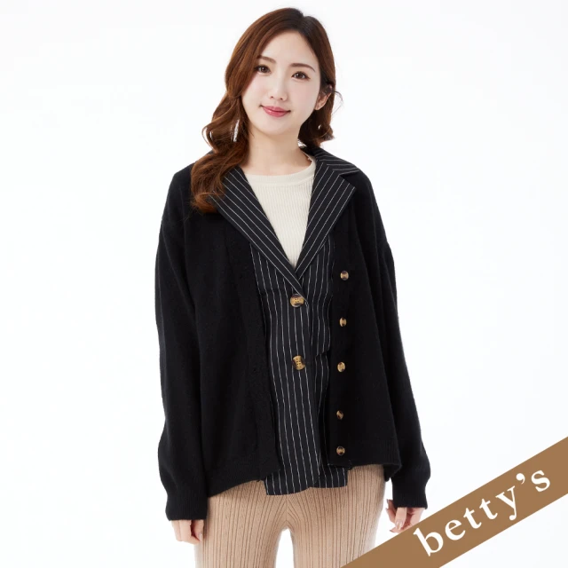 betty’s 貝蒂思 假兩件條紋拼接雙排釦毛衣(黑色)