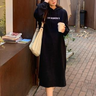【ONEY 歐妮】★加絨加厚BF風下擺開岔連帽衛衣長裙(女上衣/長袖/連衣裙)