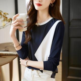 【LANNI 藍尼】★撞色圓領拼接上衣(長袖/女裝)