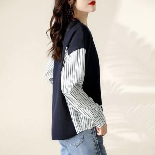 【LANNI 藍尼】★拼接襯衫圓領上衣(長袖/女裝)