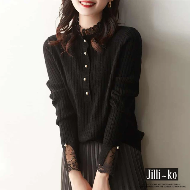 JILLI-KO 時尚設計款女蕾絲長袖坑條針織衫-F(黑)