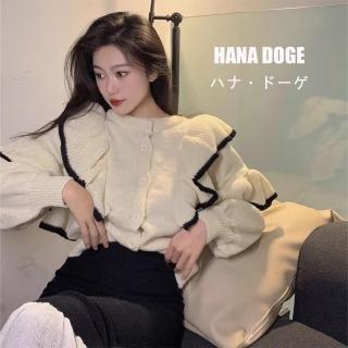 【HANA DOGE】優雅恬靜小香風荷葉邊泡泡袖兩穿針織外套上衣(溫柔感小香風)