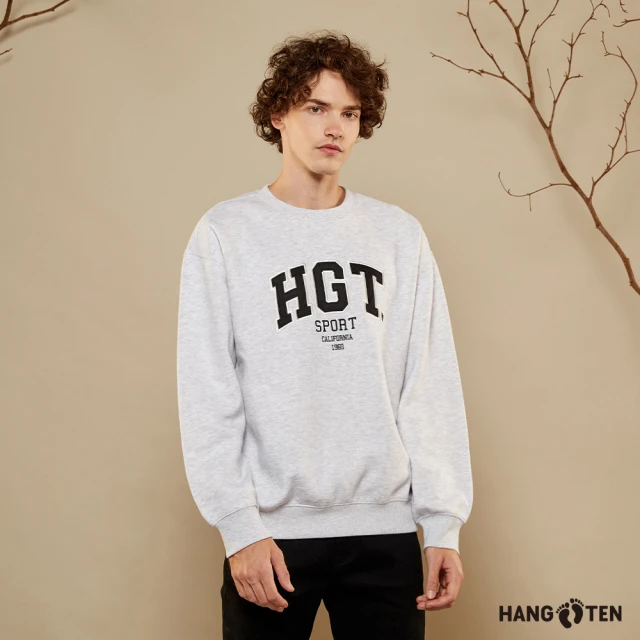 Hang Ten 男裝-韓國同步款-刷毛HGT印花大學T(淺灰)