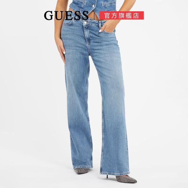 【GUESS】復古水洗斜扣修身直筒牛仔褲(藍)