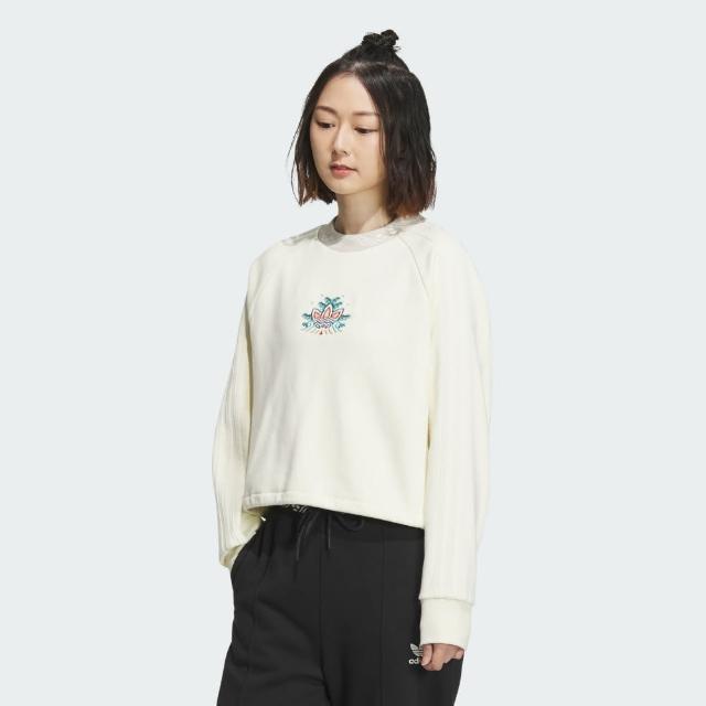 【adidas 愛迪達】上衣 女款 長袖上衣 運動 短版 三葉草 亞規 新年 JAC CREW NECK 白 IX4227