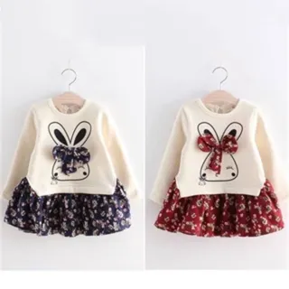 【安朵童舖】現貨日系長袖加絨女童連身裙簡約碎花蝴蝶結拼接連身洋裝(060)