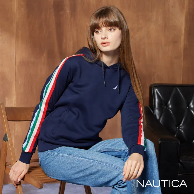 【NAUTICA】女裝 繽紛線條長袖帽T(藍)