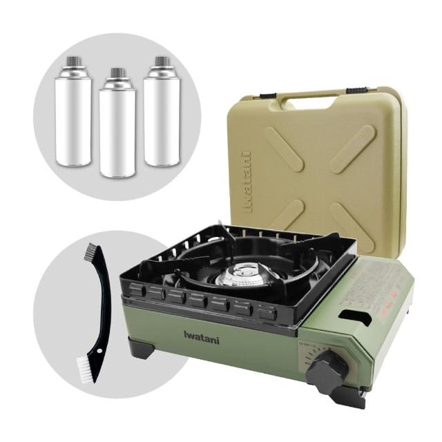【Iwatani 岩谷】綠武士磁式瓦斯爐3.3kW-附收納盒-日本製-贈清潔刷&瓦斯罐3入(CB-ODX-1-OL+瓦斯罐+清潔刷)