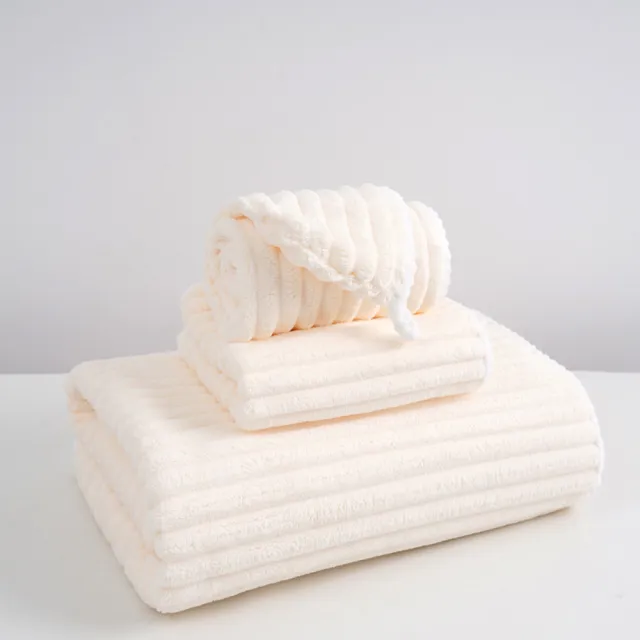 【YOUHE】糖果條絨花型毛巾三件套 家用加厚吸水毛巾 珊瑚絨毛巾浴巾乾髮帽套裝