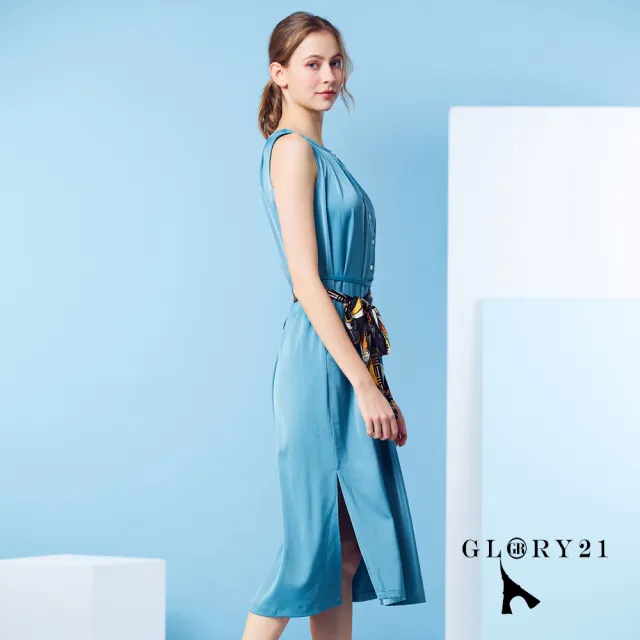 【GLORY21】速達-網路獨賣款-綁帶圍巾背心洋裝-附綁帶(藍色)