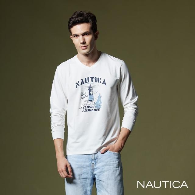 【NAUTICA】男裝 燈塔圖騰印花長袖T恤(白)