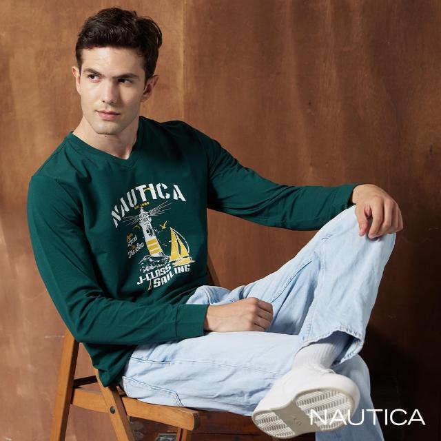 【NAUTICA】男裝 燈塔圖騰印花長袖T恤(綠)