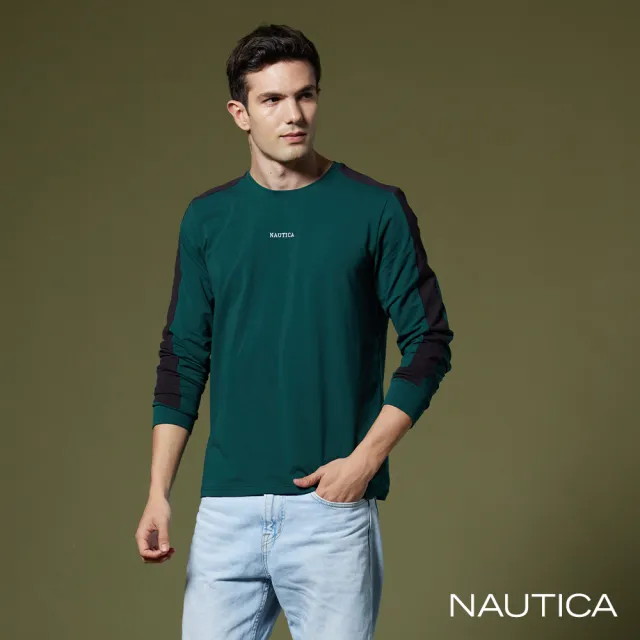 【NAUTICA】男裝 品牌文字刺繡拼接長袖T恤(綠)