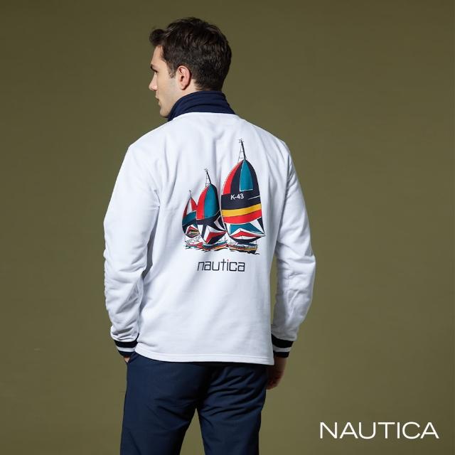 【NAUTICA】男裝 帆船印花長袖拉鍊POLO衫(白)