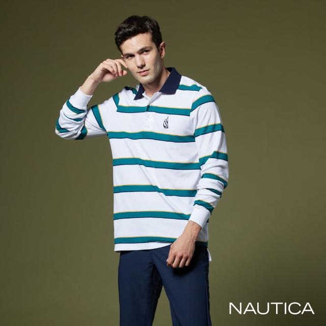 【NAUTICA】男裝 跳色條紋休閒長袖POLO衫(白)