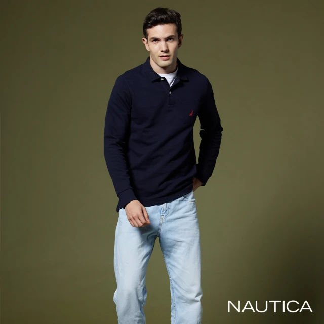 NAUTICANAUTICA 男裝 品牌LOGO刺繡口袋長袖POLO衫(深藍)