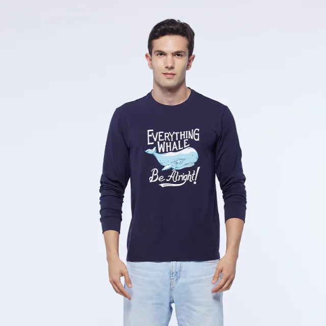 【NAUTICA】男裝 個性鯨魚印花長袖T恤(深藍)