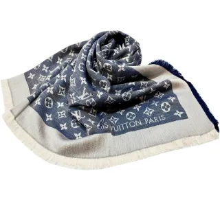 【Louis Vuitton 路易威登】M71376 經典Monogram Denim花紋羊毛絲綢披肩/圍巾(藍色)