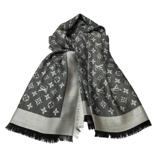 【Louis Vuitton 路易威登】M71378 經典Monogram Denim花紋羊毛絲綢披肩/圍巾(黑色)
